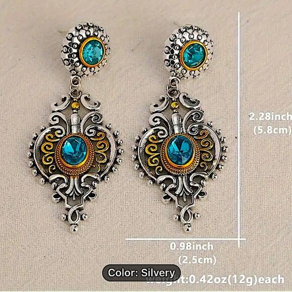 Vintage Blue Topaz Crystal Zircon Two Tone Dangle Earrings - Picture 6 of 7